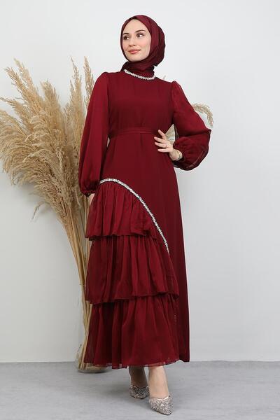GİYZAMİLA Damla Stone Evening Dress Burgundy