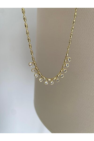 ATELİER TUĞBA Kol175 Oval Ring Chain with Round Stone Detail Gold Pendant Nec...