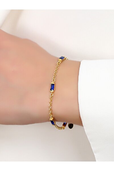 LİNOVE JEWELLERY 925 Ayar Gümüş Baget Bileklik, Safir Gümüş Gold Kaplamalı Do...
