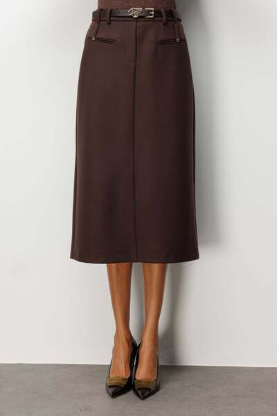 Ekol Beli Kemerli Yırtmaçlı Midi Etek