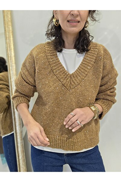 Butik Kadın, V Yaka, Bol Kalıp, Uzun Kollu Kendinden Simli Triko Kszak