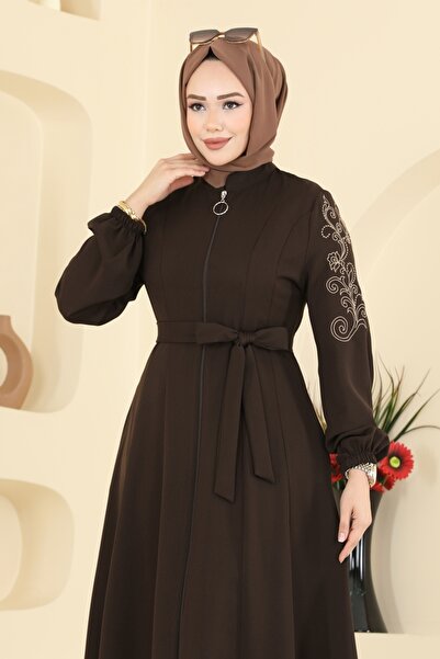 ModaMerve Kolları Nakışlı Dabıl Ferace 2768SL432-MS Koyu Kahve