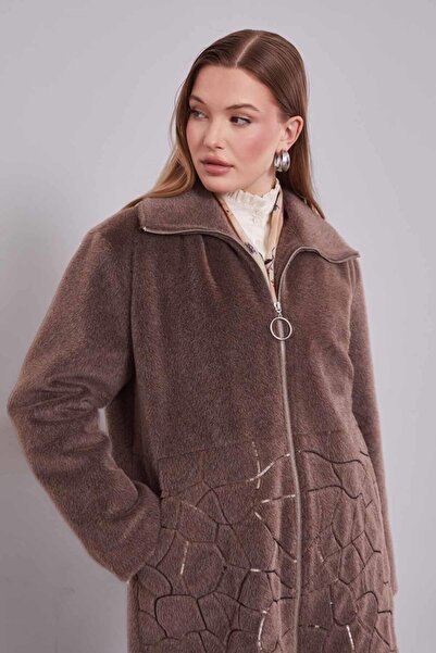 Levidor Kahve Pullu Desen Midi Kaban