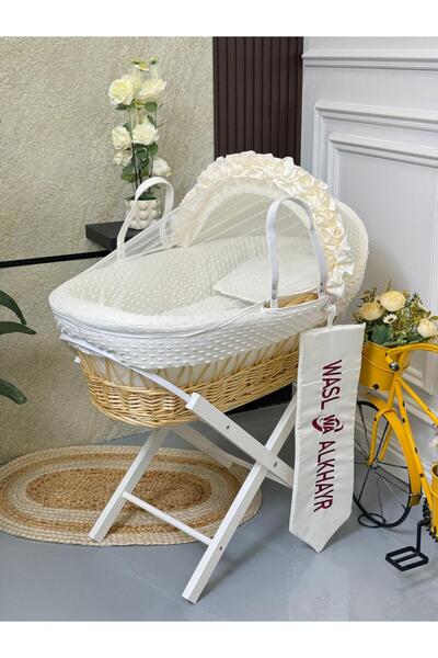 WASL ALKHAIR مهد مواليد سلة موسى خسف قماش لون سكري بتصميم أنيق مع حامل قاعدة ...