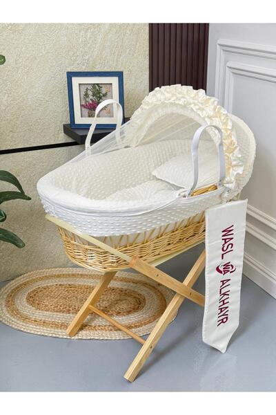 WASL ALKHAIR مهد مواليد سلة موسى خسف قماش لون سكري بتصميم أنيق مع حامل قاعدة اكس خشبي