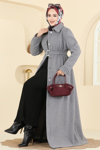 ModaMerve Manşeti Nervürlü Kaşe Pardesü 2078OZT1013-MS Gri