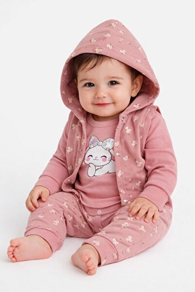 dinamik çocuk Tavşan Baskılı Kapüşonlu Yelekli 3'lü Mevsimlik Kız Bebek Takım...