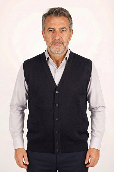 nacar çarşı Erkek Baba Lacivert Klasik Kesim V Yaka Önü Düğmeli Çift Cepli Mevsimlik Triko Yelek