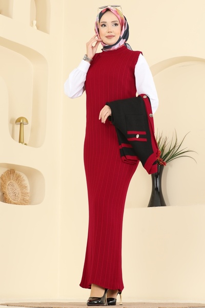 ModaMerve Şık Hırkalı Triko Takım 1355MT581-MS Kırmızı&Siyah