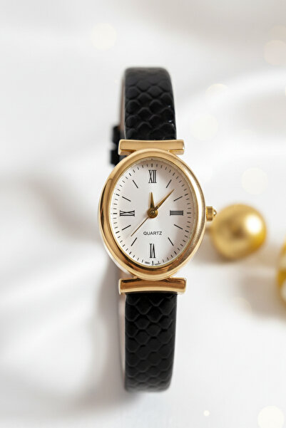 Pukka Accessories Kadın Gold Roma Rakamlı Çerçeveli Siyah Deri Kordonlu Beyaz...