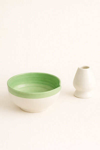 MATCHİVA طقم سيراميك فاخر من قطعتين - وعاء ماتشا أصلي (تشاوان) وحامل خفاقة (ك...