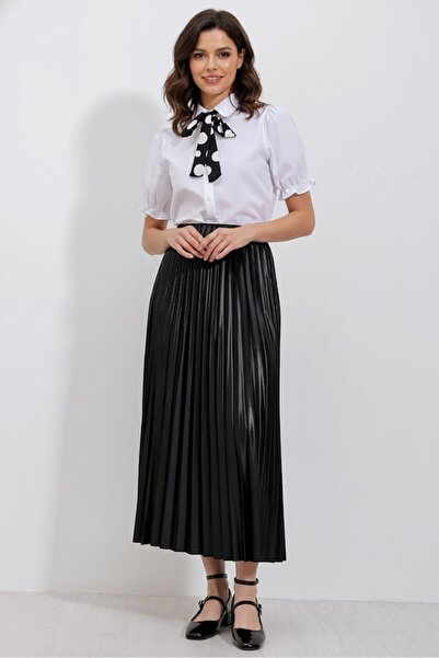 Gülşah collection Leather Look Pleated Skirt - Black