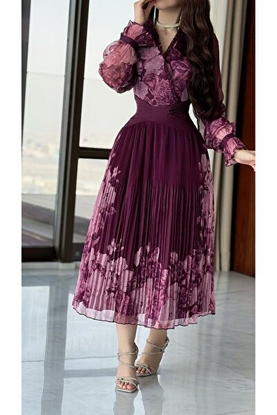 Opera Fashion فستان ميدي شيفون بلون موف بنقشة ورود