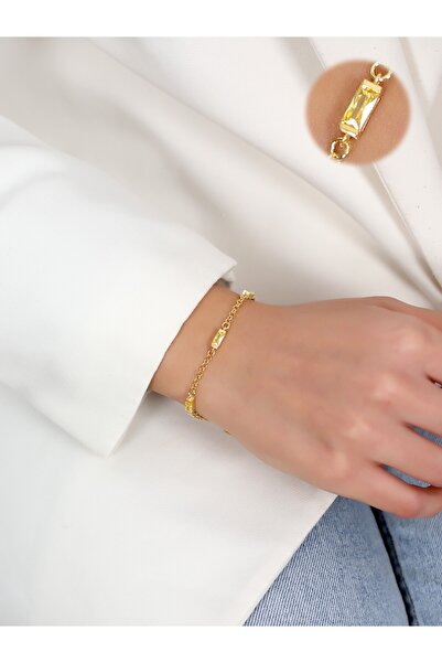 LİNOVE JEWELLERY 925 Ayar Gümüş Sitrin Bileklik, Baget Gümüş Gold Kaplamalı B...