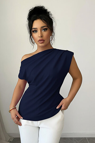 Deafox Navy Blue Women's One Shoulder Detail Scuba Crepe Fabric Blouse