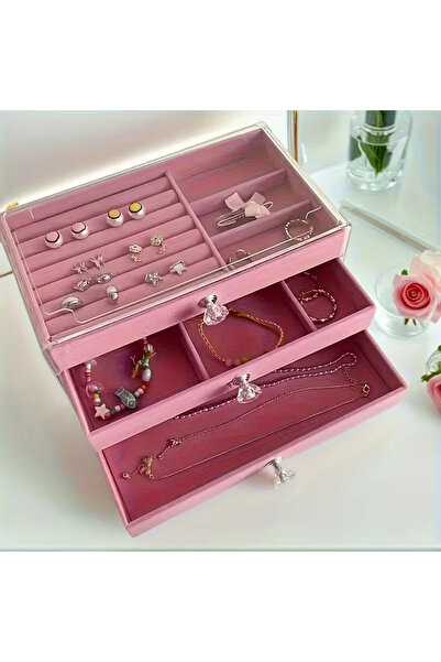 MSALIŞVERİŞ Luxury Jewelry Box with Drawers Pink