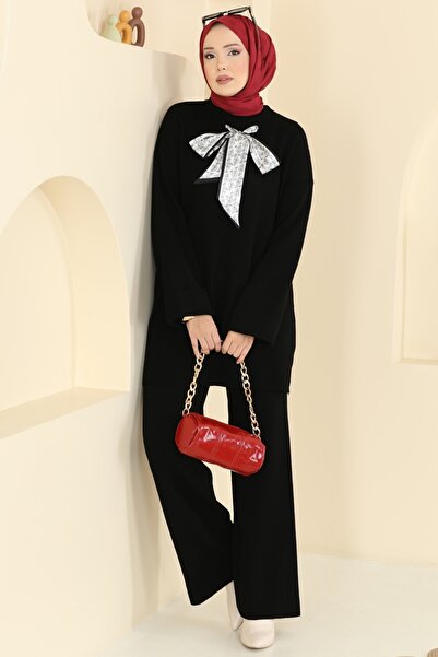 ModaMerve Şal Detaylı Triko Takım 2771AYD574-MS Siyah