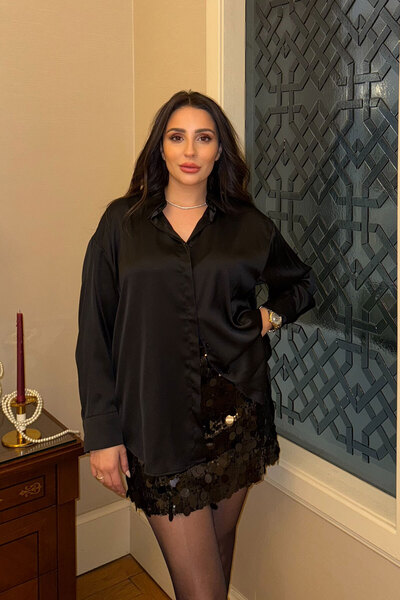 MAGARDE Premium Oversize Saten Gömlek- SİYAH
