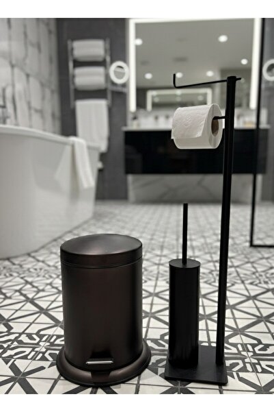 EMFA AKSESUAR فرشاة مرحاض سوداء، حامل ورق تواليت أسود، سلة مهملات سوداء، طقم ...