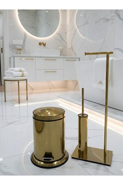 EMFA AKSESUAR فرشاة تواليت ذهبية، حامل ورق تواليت ذهبي، سلة مهملات ذهبية مع ق...