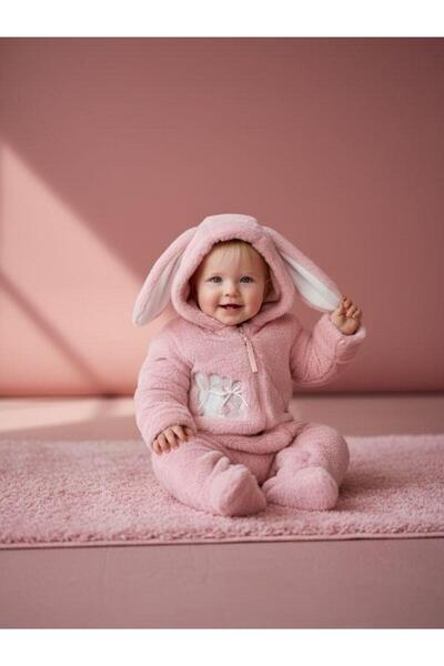 Zekids Kız Bebek Peluş Kapüşonu Kulak Detaylı Tulum