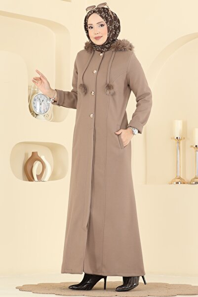 ModaMerve Kürk Detaylı Kaşe Kaban 6667YG95-MS Koyu Vizyon