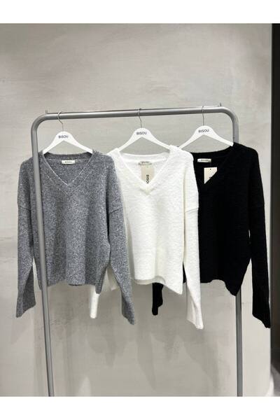 nidistore Women's Grey V-Neck Soft Drop Shoulder Thick Sweater