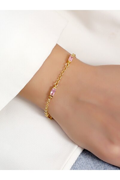 LİNOVE JEWELLERY 925 Ayar Gümüş Baget Bileklik, Pembe Gümüş Üzeri Gold Kaplam...