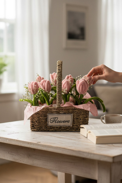 Mevalin flora El Yapımı Şönil Tel Pastel Pembe Lale Aranjmanı - Hasır Sepetli...