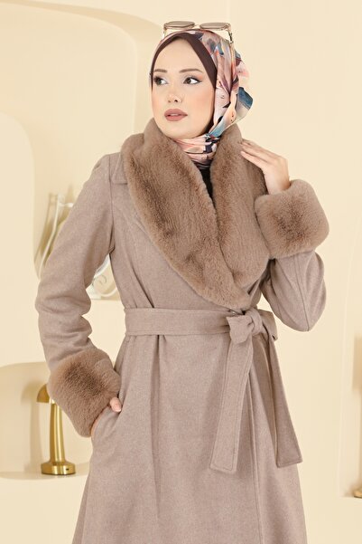 ModaMerve Beli Kuşaklı Kaşe Kaban 8159AB368-MS Koyu Vizyon