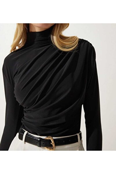 Xenthe بلوزة نسائية أنيقة من قماش ساندي ياقة مرتفعة متوسطة الطول كروس فستان ب...