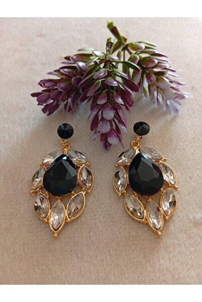Pervin Ablacım Black Big Stone Dangling Handmade Gold Earrings