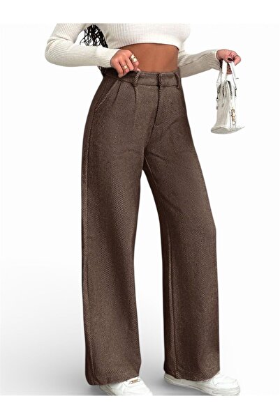 THB.Edition Kahverengi Balıksırtı Desen Palazzo Kadın Dokuma Pantolon