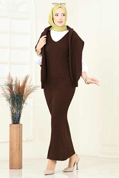 ModaMerve Çiçek Motifli Elbiseli Takım 1436MT581-MS Kahve