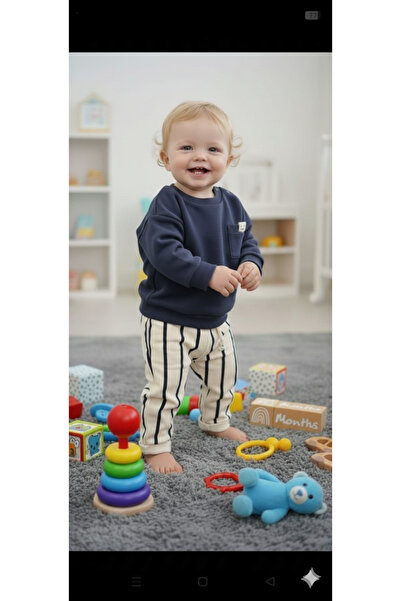 Jumino طقم للأولاد الرضع مكون من قطعة علوية وسروال مخطط بثلاث خيوط بدون زخارف...