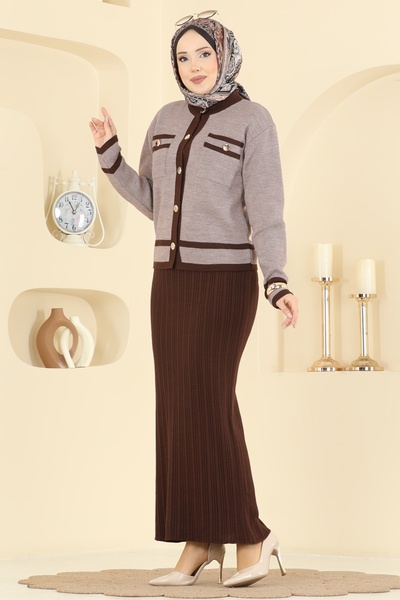 ModaMerve Şık Hırkalı Triko Takım 1355MT581-MS Kahve&Koyu vizyon