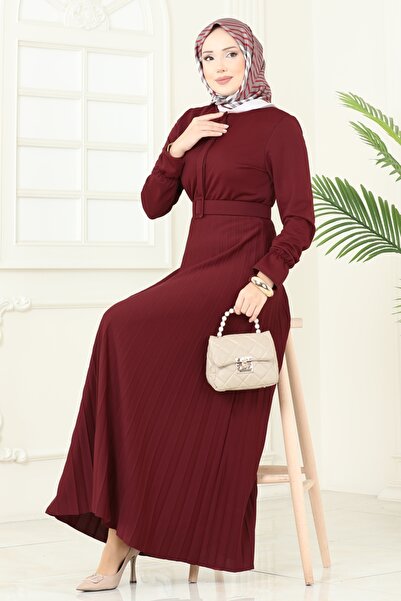 ModaMerve Eteği Piliseli Kemerli Elbise 5730EDF311-MS Bordo