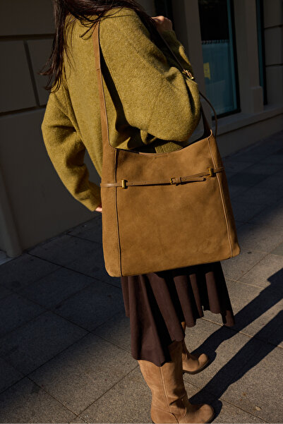 ANGELİNA JONES Hiltoria Women's Oil Green Genuine Leather Suede Bag