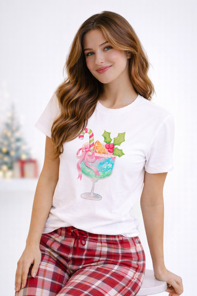 FANA Women's New Year's T-Shirt White Cotton Relaxed Fit Christmas Cocktail Printed Tshirt