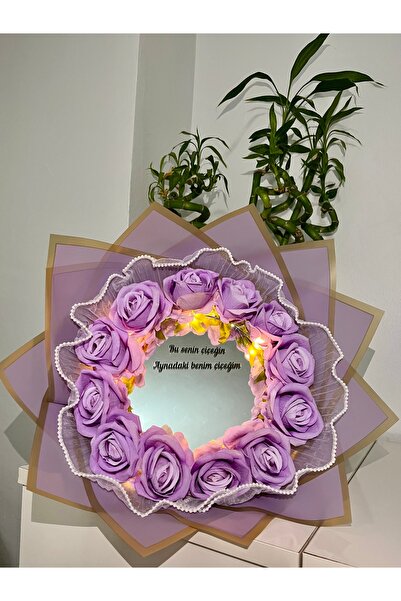 Pretty Ledli Lila İnci Tüllü Gül Buketi Aynalı Buket Doğum Günü Sevgililer Gü...