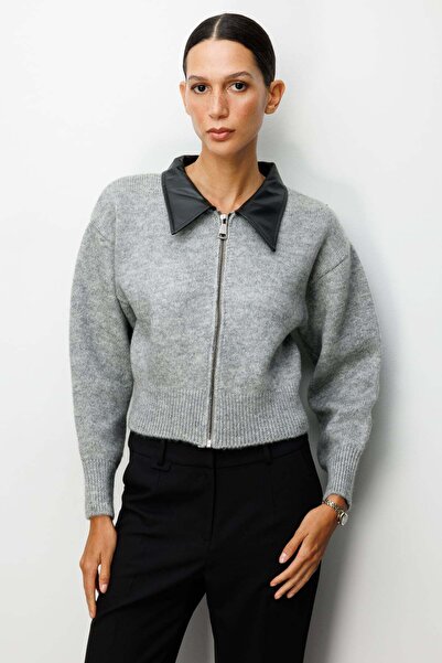 ON Leather Detailed Zippered Cardigan