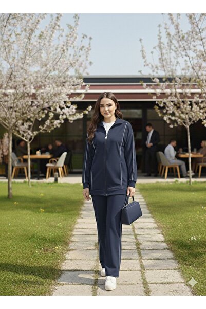 Calen White Stripe Detailed Zippered Comfortable Fabric 2-Piece Set