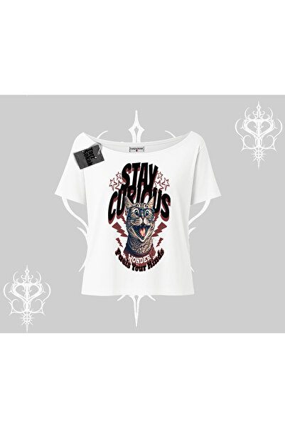 Tarzsokak Тениска с принт „Stay Curious Cat“ и деколте тип лодка
