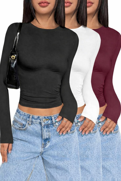 ÖZ PAMUK DÜZ Kumaş 3'LÜ Likralı ESNEK Bisiklet Yaka BASİC Bluz