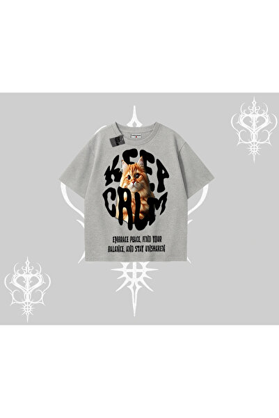 Tarzsokak Μπλουζάκι Keep Calm με στάμπα γάτας και στυλ streetwear, oversized