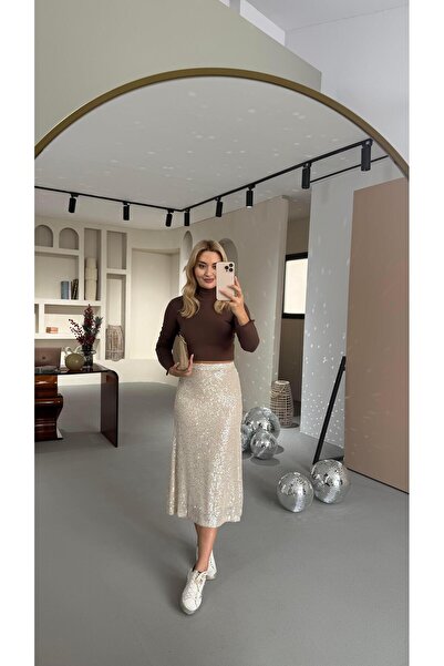 Sezgi Tekin Vanilla Sequined Midi Skirt with Elastic Waist