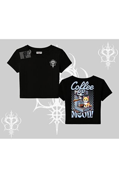 Tarzsokak Tricou Coffee Meow cu tematică de cafea și imprimeu pe spate cu pisică