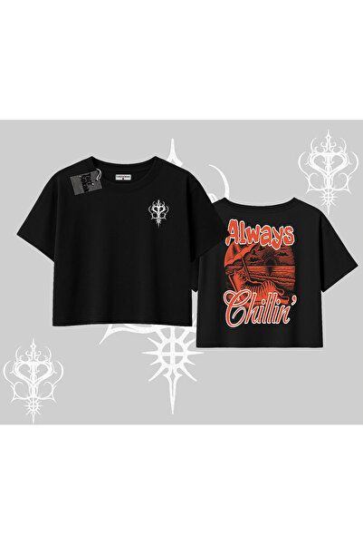 Tarzsokak Always Chillin Cat Back Printed Oversized Crop Tshirt