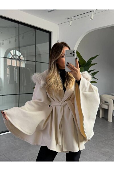 kendii modamm kışlık kadın kapşonlu kurk detaylı panço