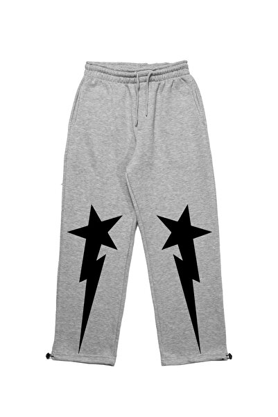 Sokak Butik Premium Falling Star Wide Leg Men's Gray Sweatpants